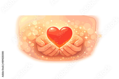 Caring Heart Illustration. Hands gently cradling a glowing heart, soft bokeh sparkles and warm gradient haze in a wide clean