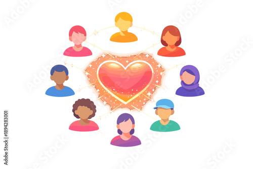 Kindness Unity Circle. Community circle of simplified people icons around a glowing heart center, thin glow connectors and sparkle