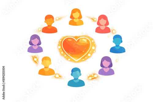 Shared Compassion Glow. Community circle of simplified people icons around a glowing heart center, thin glow connectors and subtle