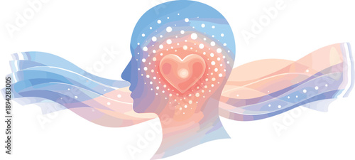 Glowing Heart Silhouette. Calm head silhouette with a glowing heart core and smooth wave lines, glow dots expanding like breathing