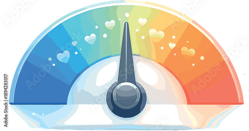 Emotional Intelligence Icon. Emotion balance dial icon with a smooth gauge needle centered, gentle glow halo and tiny heart-like