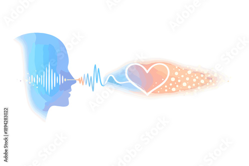 Sound Wave Heart. Sound waves transforming into a clean heart-shaped line near a profile silhouette, glow dots fading outward to