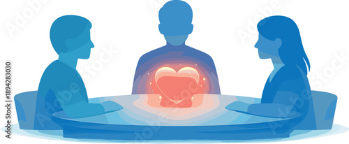 Heartfelt Conflict Resolution. Mediation table vignette with three simplified silhouettes and a glowing heart node between them,