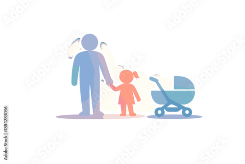 Modern Family Silhouettes. Parent and child silhouettes holding hands beside a stroller icon, gentle glow halo and airy spacing