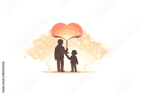 Heartfelt Parental Bonds. Parent and child silhouettes holding hands under a glowing heart umbrella, soft bokeh sparkles and airy
