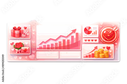 Valentine Marketing Dashboard. Romantic campaign dashboard with promo cards, rising chart blocks, and a glowing heart target badge