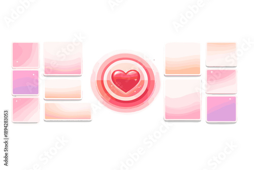 Relationship Branding Template. Social media template grid with blank post frames, story cards, and a central glowing heart target