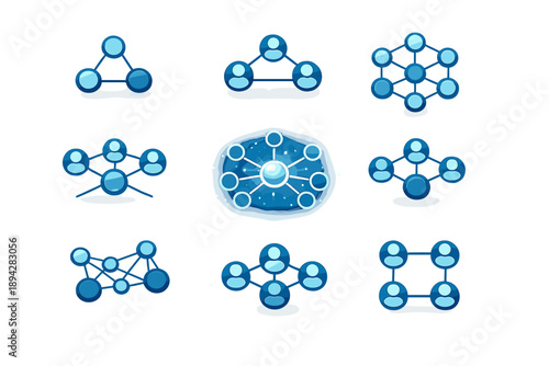 Connected Nodes Illustration. Icon grid of linked nodes and profile circles with one glowing hub, soft bokeh sparkles and clean