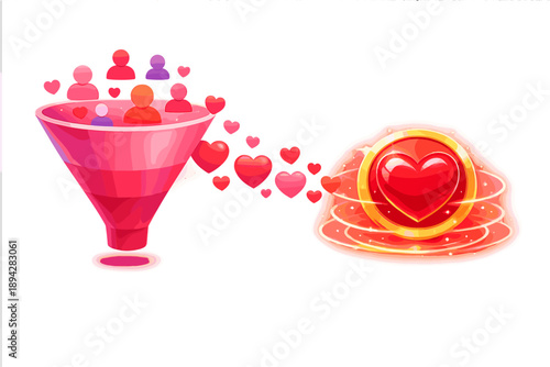 Valentine Marketing Funnel. Gift campaign funnel with audience nodes flowing into a glowing heart target badge, floating hearts