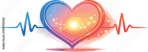 Heart Pulse Abstraction. Abstract heart pulse line forming a smooth loop around a glowing core dot, tiny bokeh particles and soft