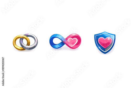 Elegant Connection Icons. Interlocking rings, infinity-heart loop, and shield-heart trust mark displayed as premium brand-style
