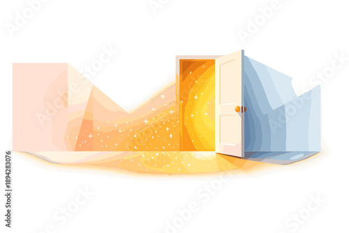Doorway to New Beginnings. Clean open door icon with warm light spilling out as glow particles, subtle sparkle dust and minimal