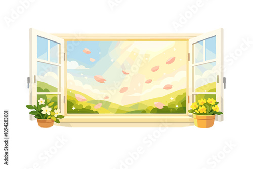 Spring Renewal Vignette. Open window vignette with warm sunlight beams and drifting flower petals, subtle glow accents and airy