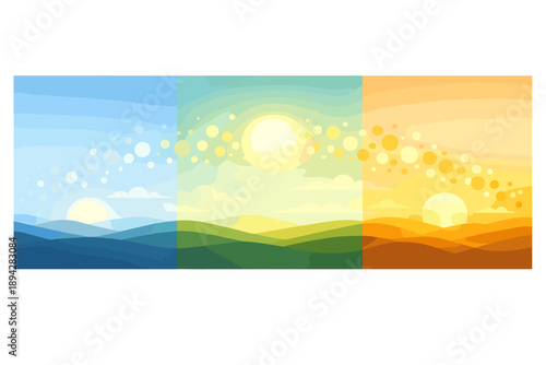 Seasonal Transition Journey. Sun arc traveling across a wide horizon from crisp cool morning to warm golden afternoon, bokeh