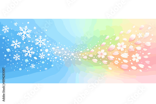 Seasonal Transition Illustration. Winter snowflakes dissolving into spring petals across a smooth diagonal gradient, subtle glow