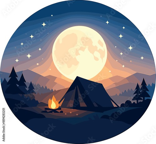Night Camping Glow. Camping night scene with tent silhouette under a glowing moon badge, tiny star bokeh and soft gradient sky