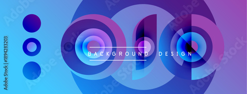 Abstract design features layered circles, vibrant blue, purple gradients. Text reads background design within central shapes. Modern, dynamic composition.