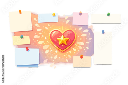 Inspiration Revival Board. Blank vision board collage with pinned cards and a central glowing star-heart badge, petal-like sparkle