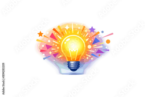 Creative Lightbulb Burst. Glowing lightbulb icon bursting with geometric spark particles, soft gradient haze and wide clean