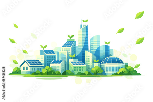 Eco-Innovative Cityscape. Smart city skyline with rooftop solar tiles and small sprout icons integrated into buildings, leaf bokeh