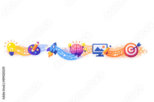Creative Flow Path. Creative flow path of glow dots connecting abstract icons into a smooth ribbon, subtle bokeh sparkles and wide