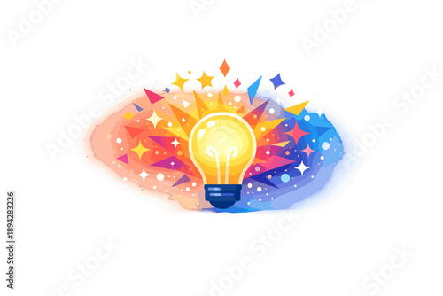 Creative Lightbulb Burst. Glowing lightbulb icon bursting with geometric spark particles, soft gradient haze and wide clean