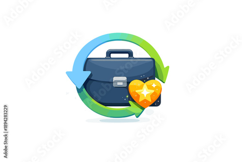 Business Renewal Icon. Reset loop arrow wrapping around a briefcase icon with a bright heart-star badge, sparkle dust and airy