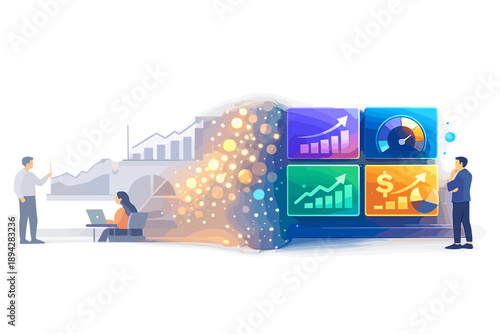 Business Dashboard Evolution. Before-and-after business dashboard scene with faded legacy charts on the left shifting into sleek