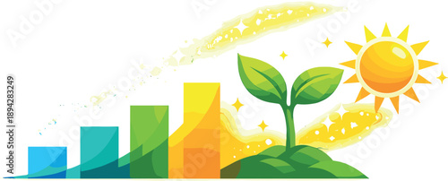 Growth and Opportunity Icons. Rising chart bars transforming into a sprout and sun icon, sparkle dust and gentle glow accents