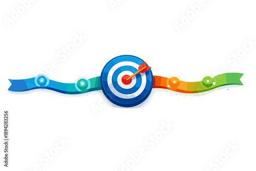 Strategic Roadmap Illustration. Strategy dashboard with clean roadmap ribbon, glowing milestone nodes, and a central target badge,