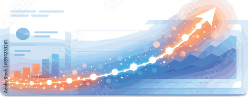 Glowing Arrow Momentum. Upward arrow path made of glowing nodes accelerating across a minimalist dashboard, soft bokeh sparkles