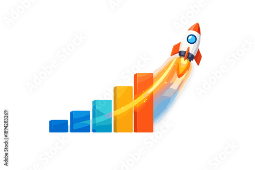 Rocket Growth Icon. Rocket launch icon emerging from stacked bar blocks, subtle glow trail and gentle gradient haze suggesting
