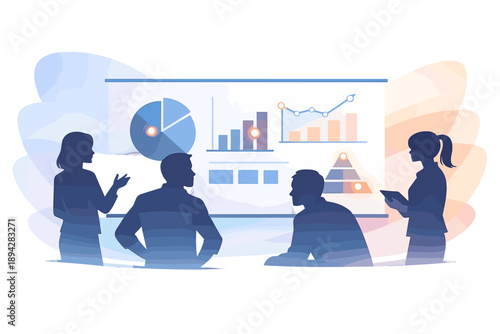 Collaborative Strategy Session. Team kickoff vignette with silhouettes around a blank board of geometric charts, glow dots marking