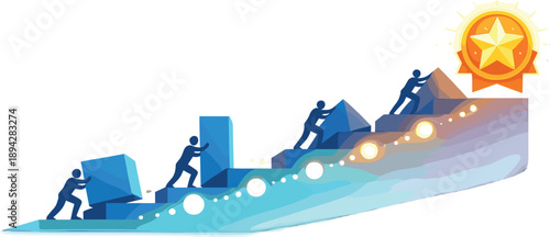 Business Momentum Silhouettes. Team silhouettes pushing abstract blocks up a staircase of glowing milestones toward a bright star