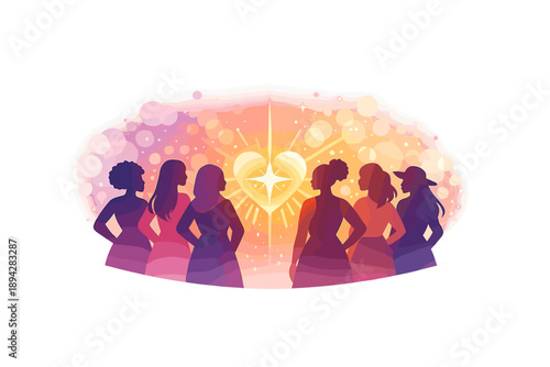 Empowered Women Silhouettes. Diverse women silhouettes standing together in a confident arc with a glowing heart-star center, soft