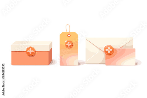 Minimal Seasonal Stationery. Packaging and stationery set with minimal box, tag, and envelope shapes featuring a subtle petal seal