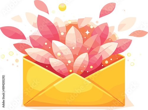 Spring Marketing Visual. Email promo header scene with envelope opening into petals and glow dots, airy negative space and gentle