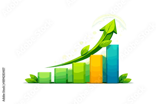 Sustainable Growth Illustration. Leafy upward arrow rising from stacked bar blocks, soft glow halo and bokeh sparkles in a clean