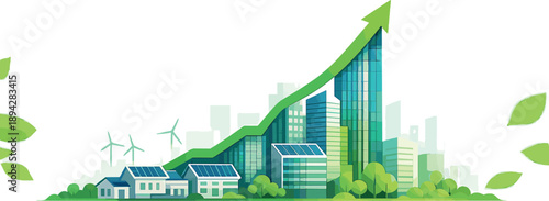 Sustainable Urban Growth. Smart city skyline with rooftop solar tiles and upward trend line integrated into buildings, leaf bokeh