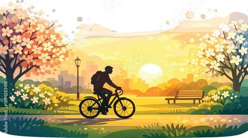 Cyclist Among Blossoms. City park scene with a person silhouette cycling past blooming trees and warm sunrise glow, pollen bokeh