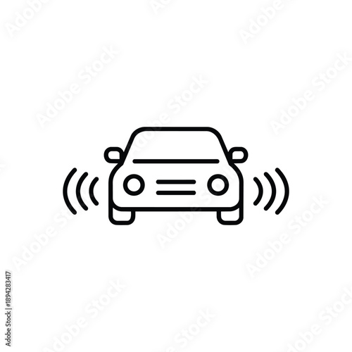 Black and white vector icon of car parking sensor system with front view vehicle and radar waves for smart parking and driver assistance