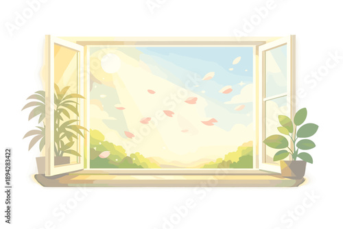 Sunlit Home Serenity. Open window home vignette with sunlight beams, houseplant silhouettes, and floating petals, subtle glow halo