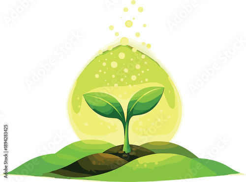 Seedling's Renewal Glow. Sprouting seedling emerging from soft soil shapes with a glow halo, pollen-like bokeh particles drifting