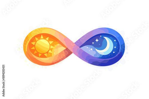 Sun and Moon Balance. Sun and moon icons intertwined in a smooth infinity loop, bokeh sparkles and soft gradient haze suggesting