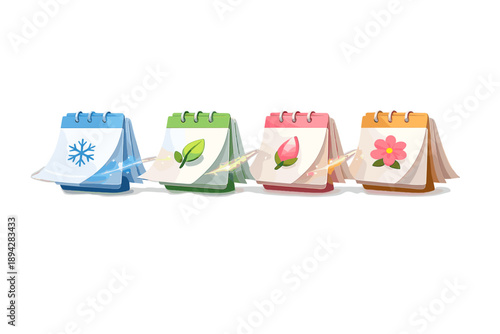 Seasonal Transition Icons. Calendar pages flipping with tiny seasonal icons morphing from snowflake to bud to flower, soft glow