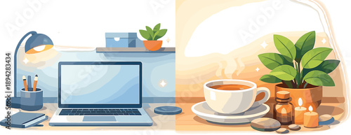 Balanced Living Workspace. Tidy workspace and self-care corner split layout with laptop on one side and tea cup + plant on the