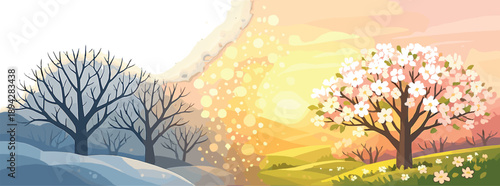 Seasonal Transition Panorama. Split landscape panorama showing bare trees turning into blooming trees, gentle sunrise haze and