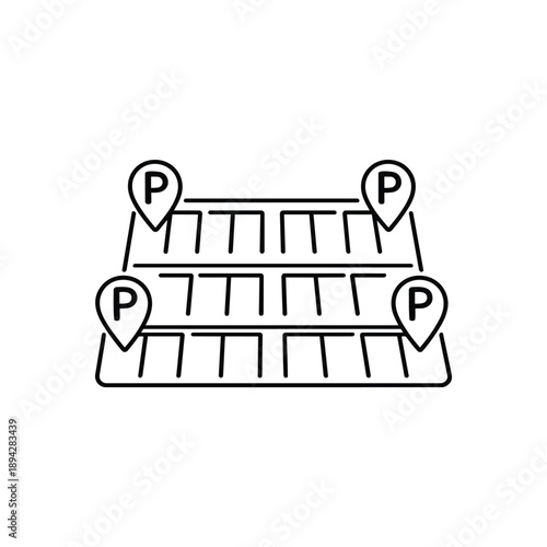 Parking lot map with location pin icons black and white vector illustration of car park spaces navigation and parking area layout