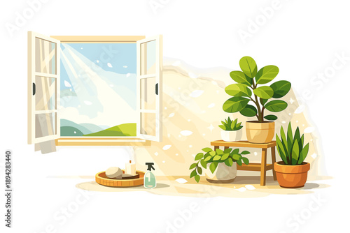 Minimal Lifestyle Refresh. Minimal home refresh vignette with open window, sunlight beams, and a tidy plant corner, drifting petal