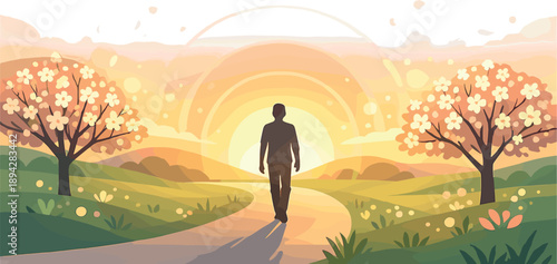 Sunrise Wellness Walk. Outdoor wellness walk with a person silhouette on a sunrise path through minimal blooming trees, pollen
